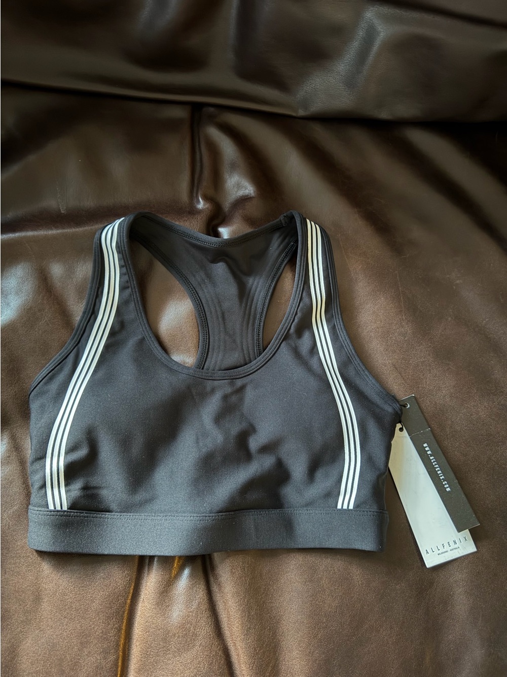 NWT Allfenix Black T Back Sports Bra With Triple White Stripes